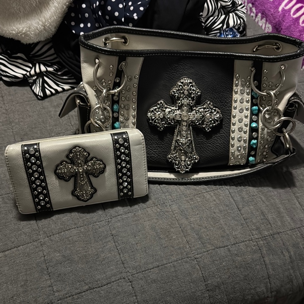 Black and White Cross Embellished Shoulder Bag
